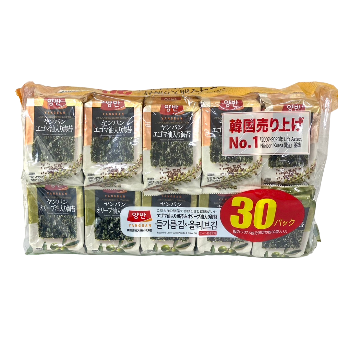 ヤンバン エゴマ油入り/オリーブ油入り15袋ずつ 韓国海苔計30パック×6